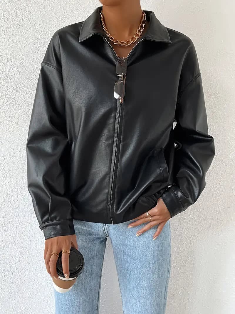 Women's Faux Leather Zip Up Jacket | Cadi_3