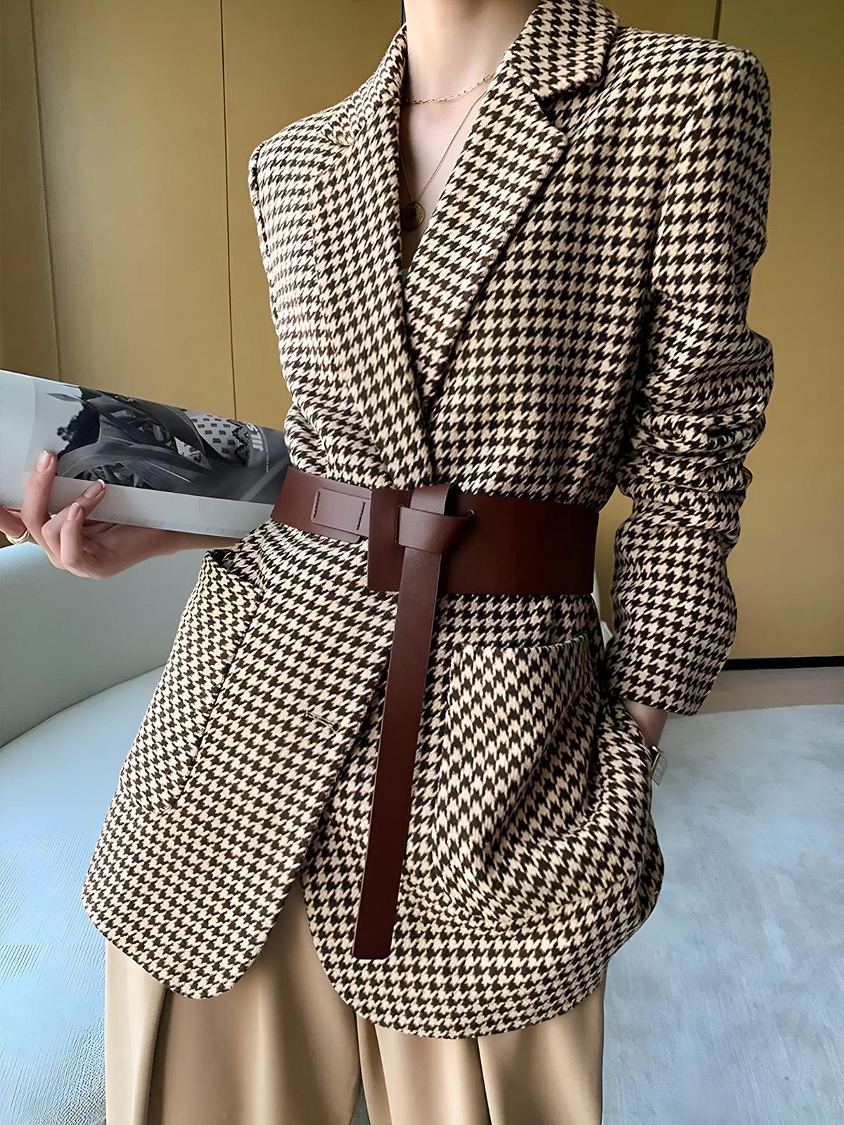 Women's Houndstooth Belted Blazer | Rhian_2