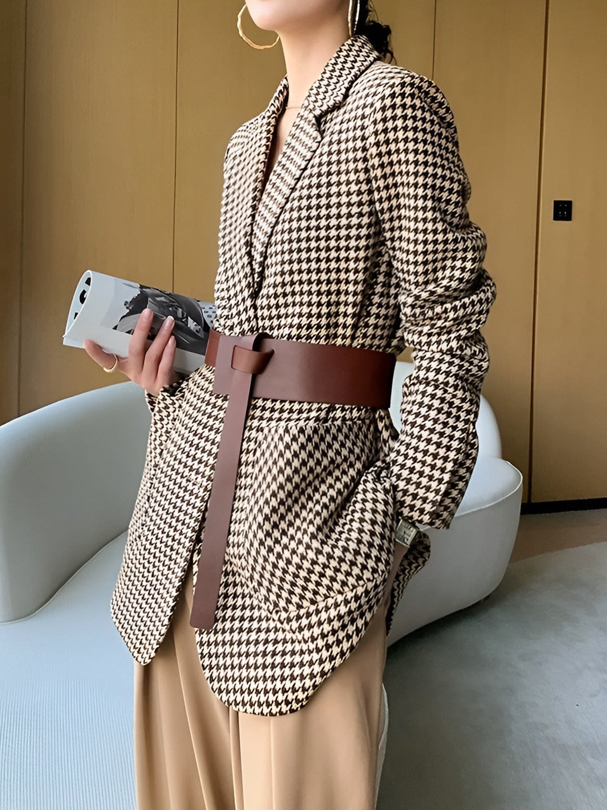 Women's Houndstooth Belted Blazer | Rhian_4