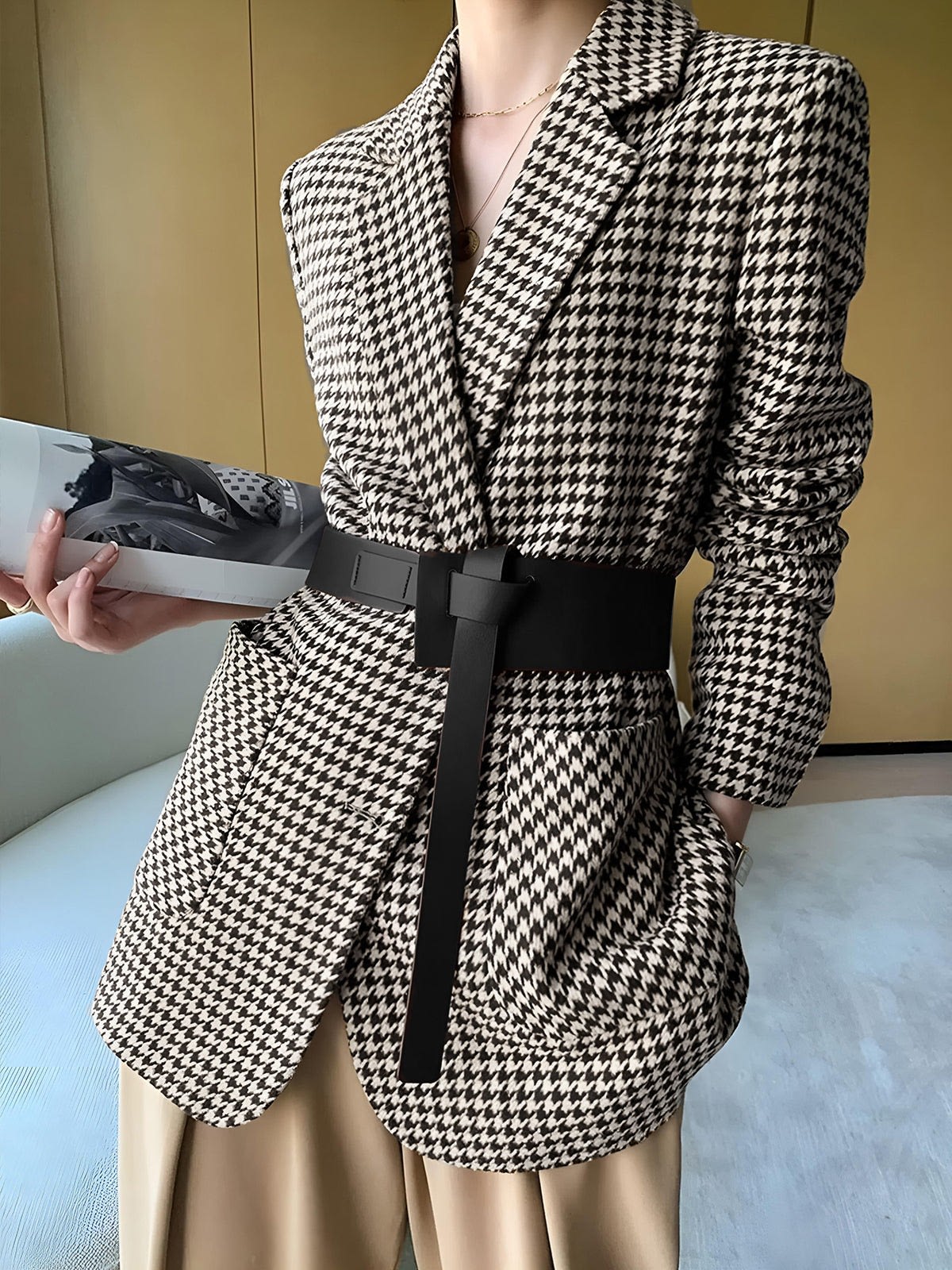 Women's Houndstooth Belted Blazer | Rhian_6
