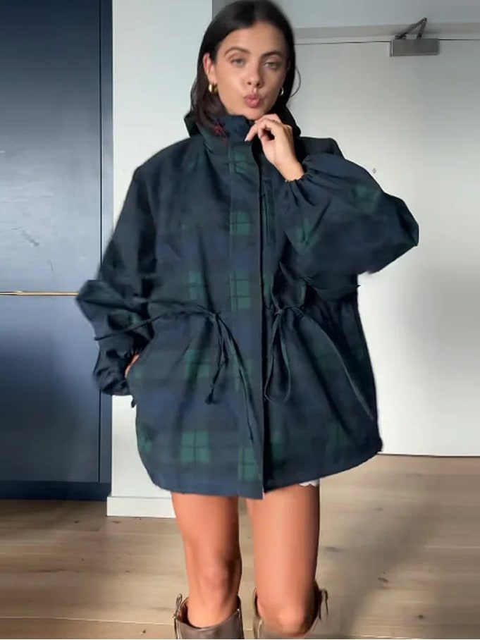 Women's Oversized Checked Hooded Jacket | Betrys_3
