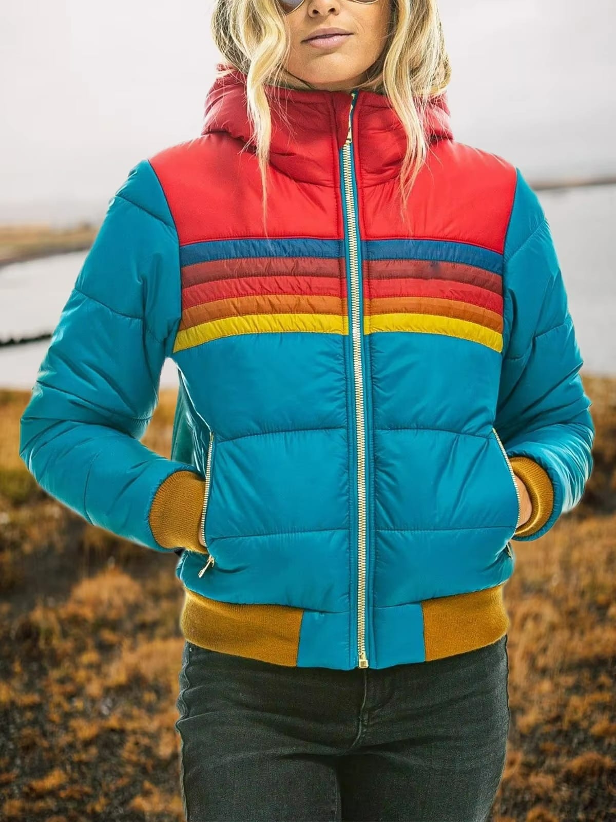 Women's Retro Striped Puffer Jacket | Fern_5