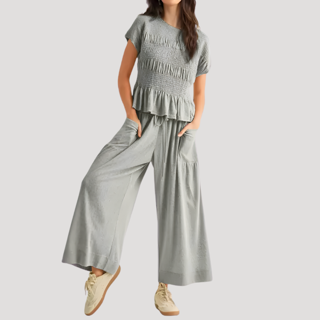 Women's Smocked Wide Leg Trouser Set | Isla
