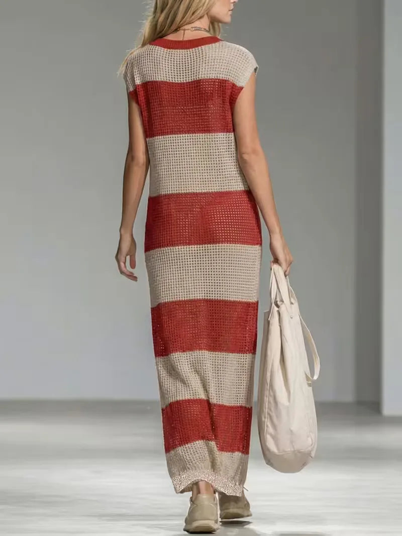 Women's Striped V-Neck Knit Midi Dress | Sienna