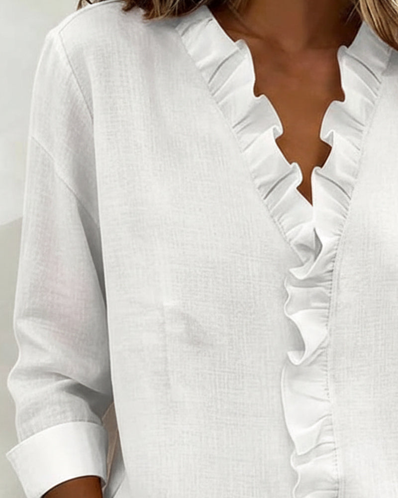 Women's Ruffle V-Neck Long Sleeve Blouse | Rosalie