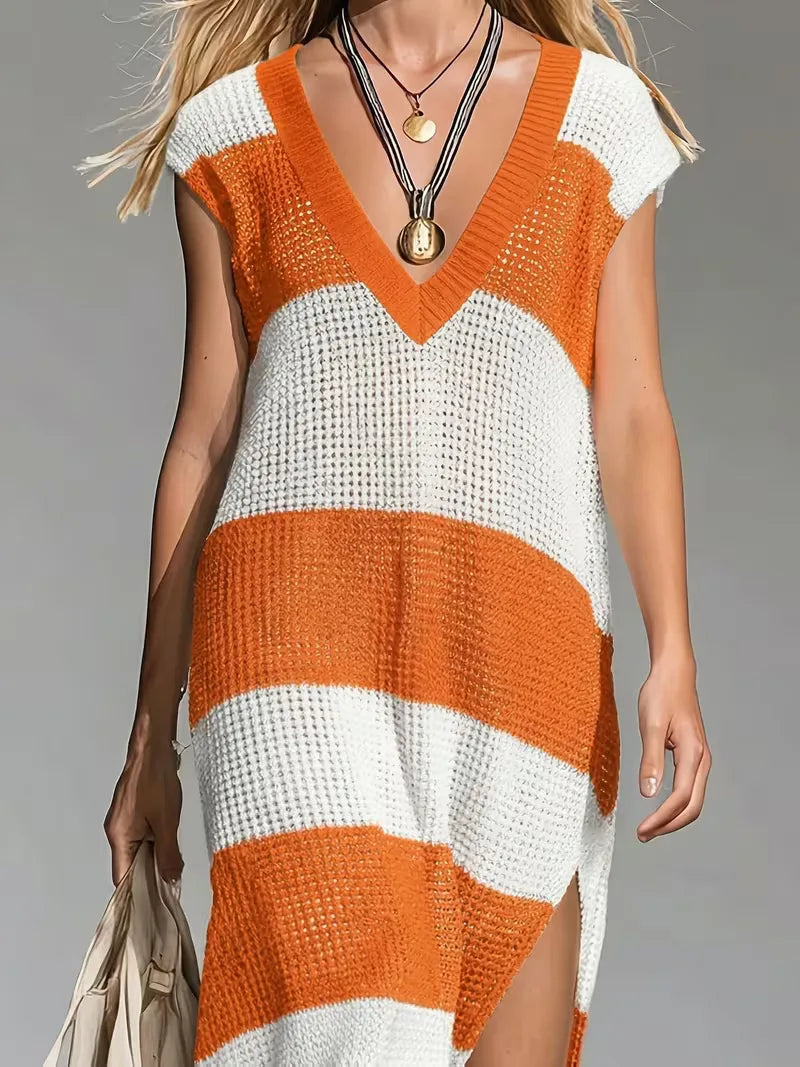 Women's Striped V-Neck Knit Midi Dress | Sienna