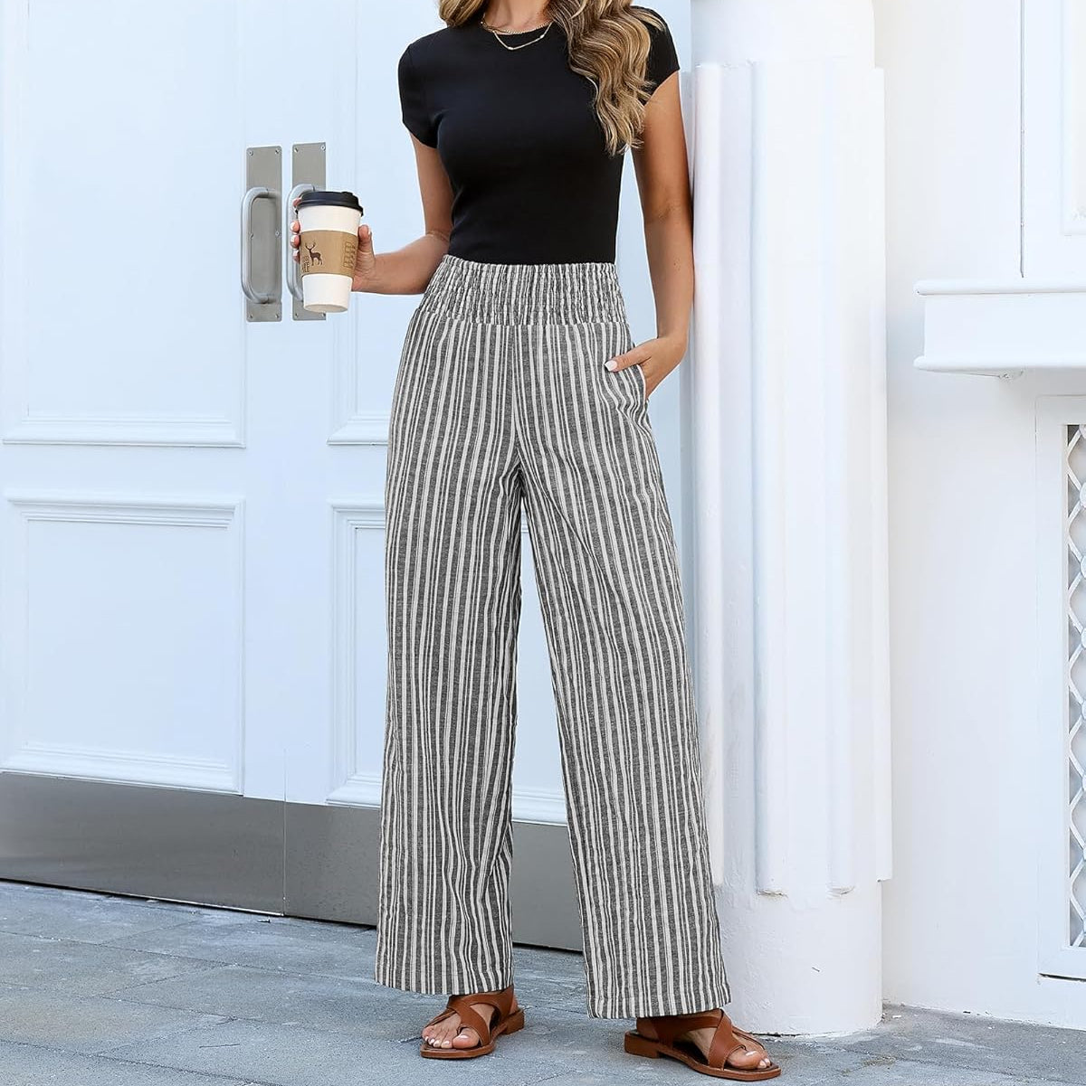 Women's Striped Elastic Wide Leg Trousers | Nora
