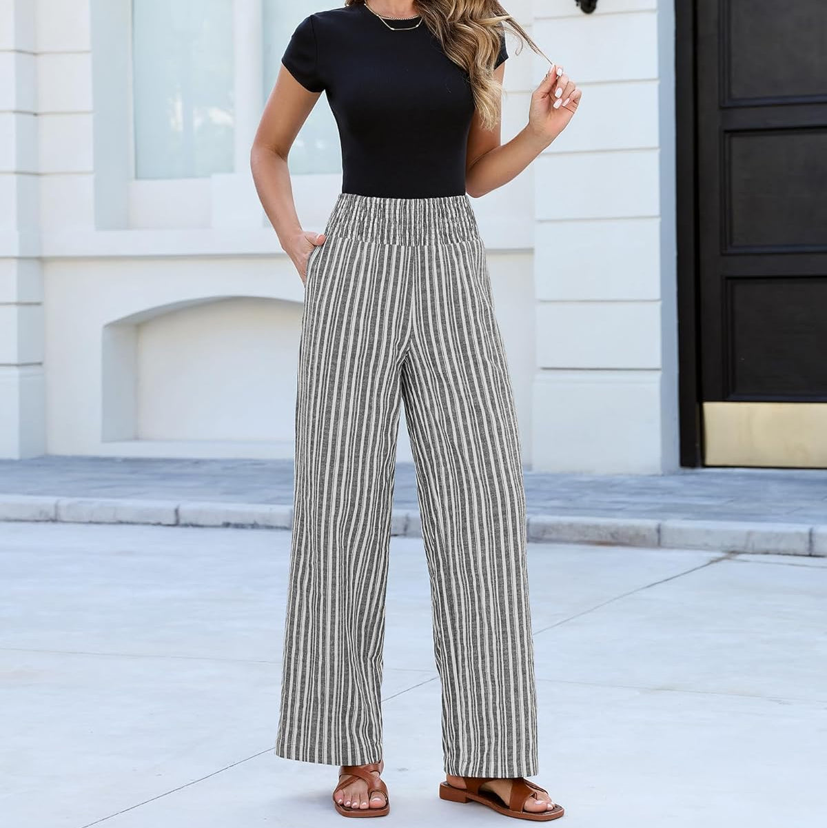 Women's Striped Elastic Wide Leg Trousers | Nora