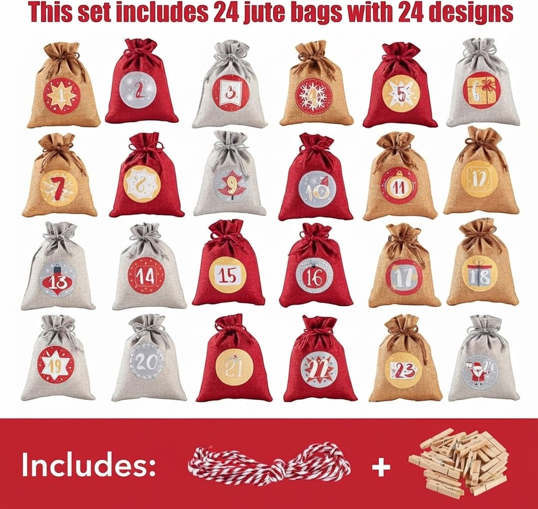 Reusable Advent Calendar 2026 with 24 Numbered Bags and Hanging Cord Christmas Countdown_6