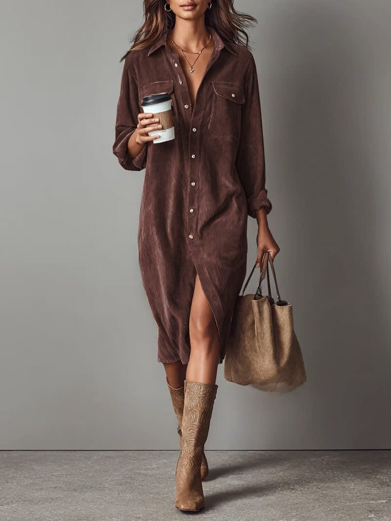 Women's Corduroy Button Front Shirt Dress | Nessa_10