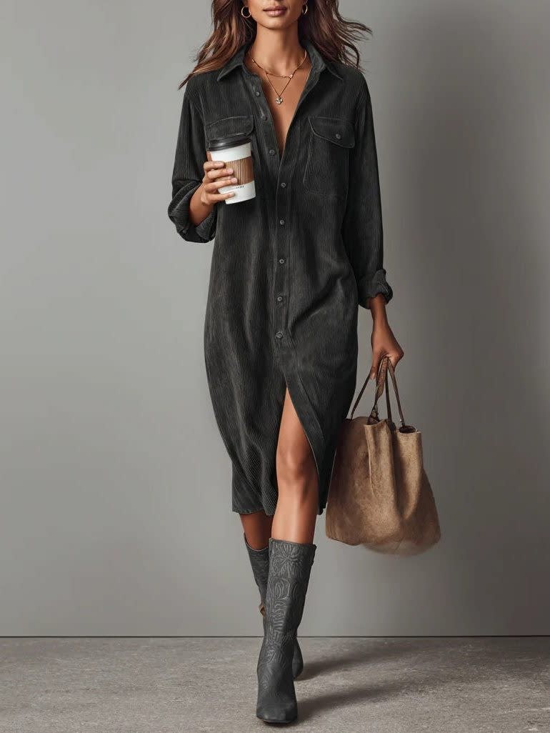 Women's Corduroy Button Front Shirt Dress | Nessa_11