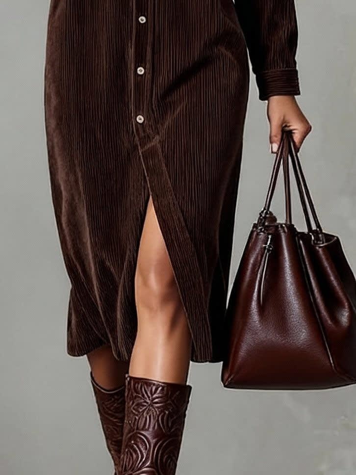 Women's Corduroy Button Front Shirt Dress | Nessa_9