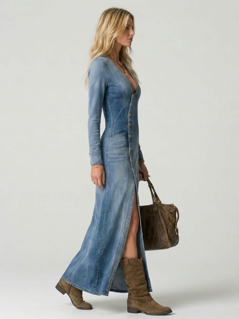 Women's Denim Button Front Maxi Dress | Esther_2