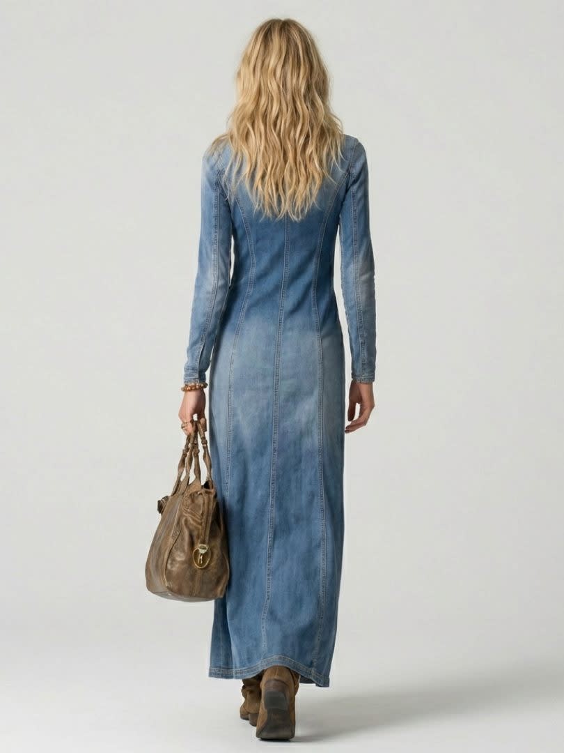 Women's Denim Button Front Maxi Dress | Esther_3