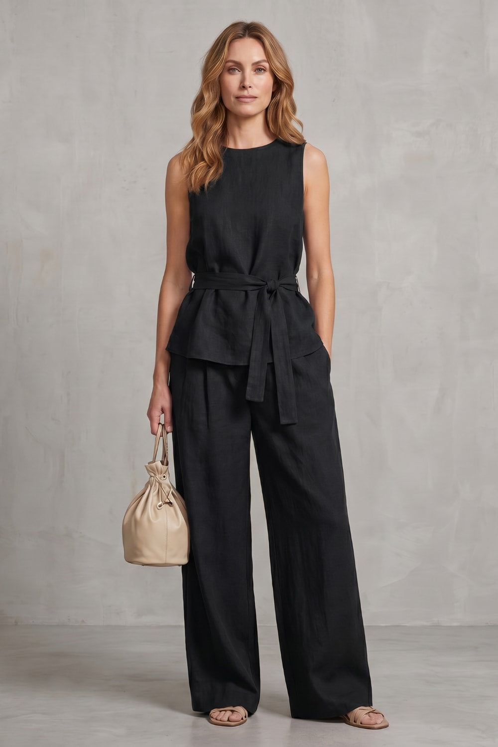 Women's Tie Waist Wide Leg Trouser Set | Felicia_10