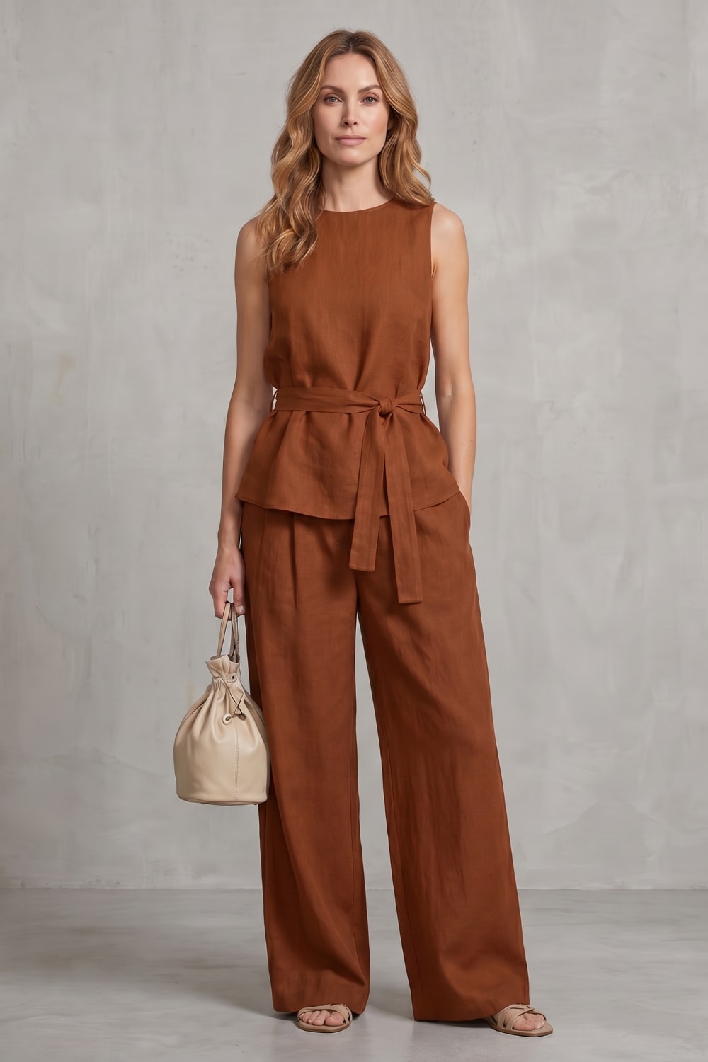 Women's Tie Waist Wide Leg Trouser Set | Felicia_12