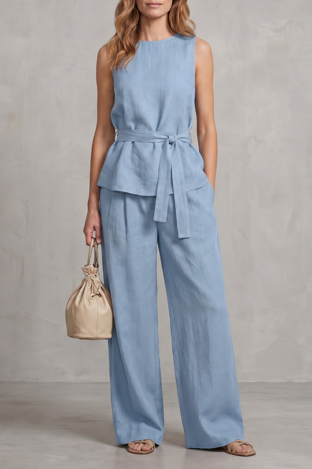 Women's Tie Waist Wide Leg Trouser Set | Felicia_13