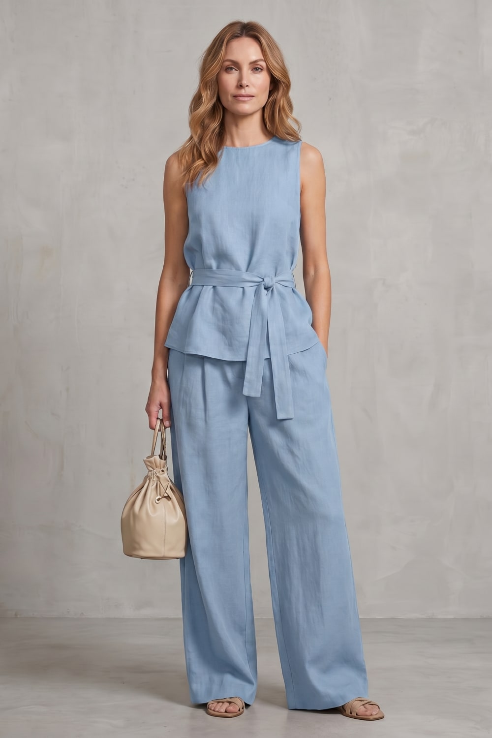 Women's Tie Waist Wide Leg Trouser Set | Felicia_14