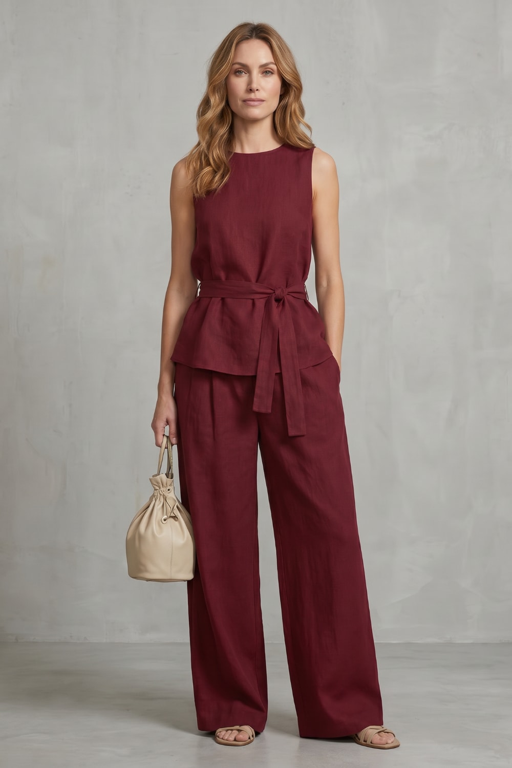 Women's Tie Waist Wide Leg Trouser Set | Felicia_2