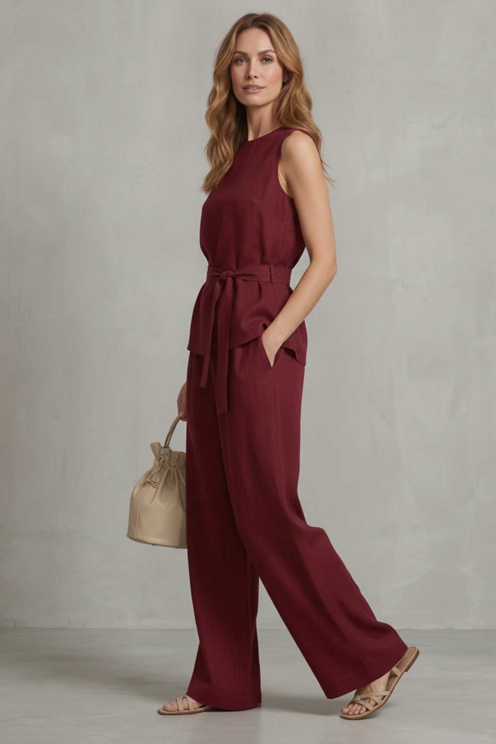 Women's Tie Waist Wide Leg Trouser Set | Felicia_3