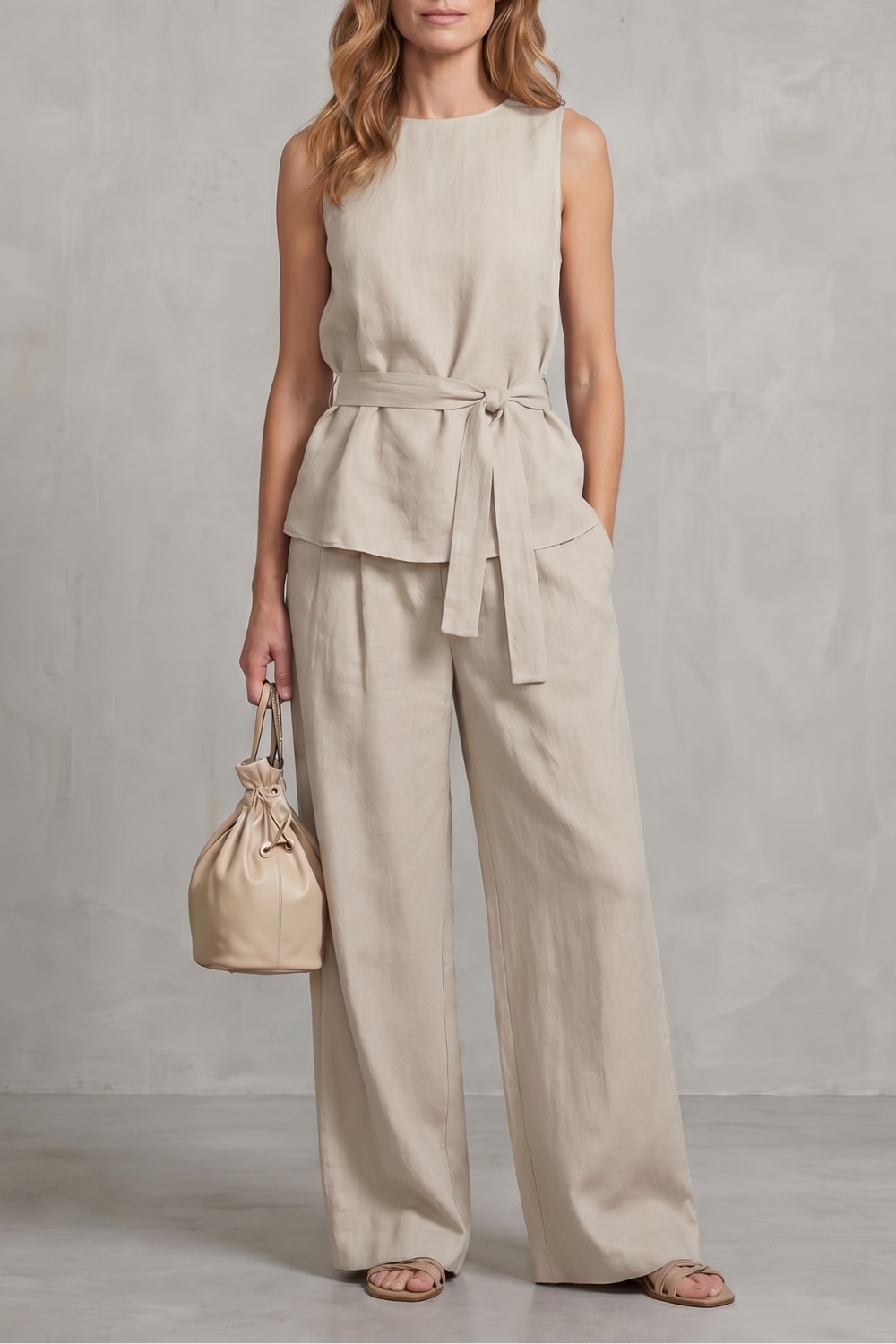 Women's Tie Waist Wide Leg Trouser Set | Felicia_5