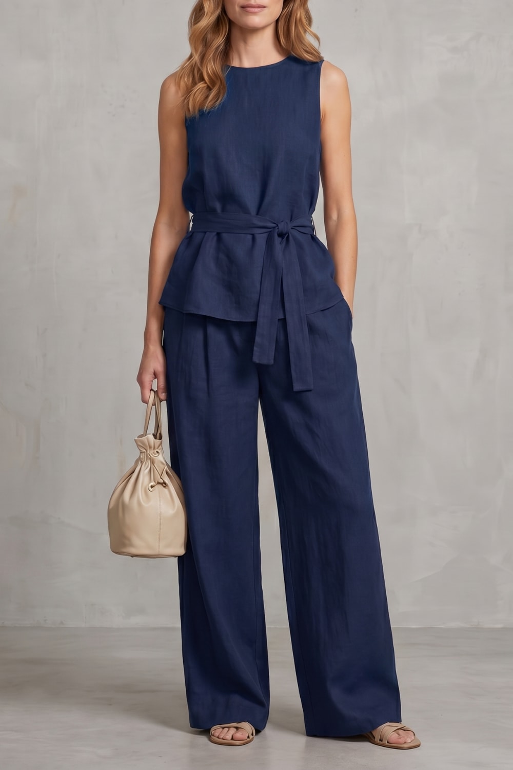 Women's Tie Waist Wide Leg Trouser Set | Felicia_7