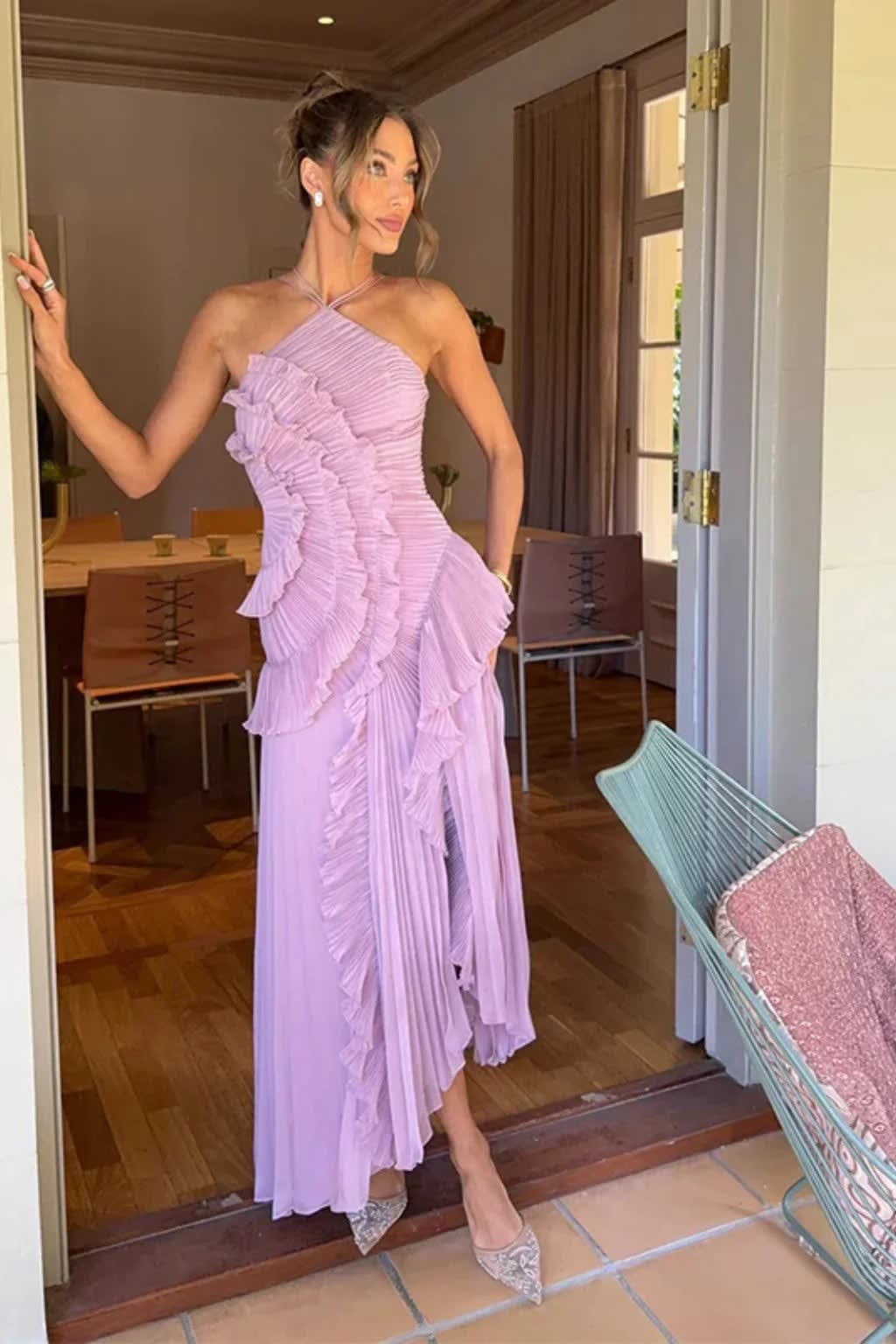 Women's Ruffle Halter Neck Wedding Guest Maxi Dress | Audrey Stone_5