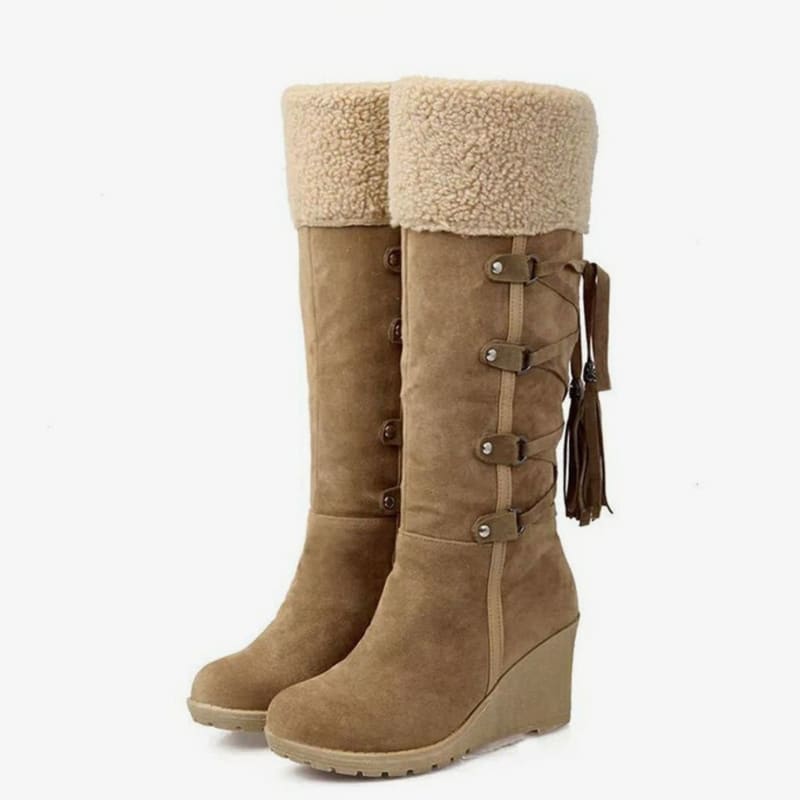 Women's Faux Fur Cuff Wedge Knee High Boots | Layla_1