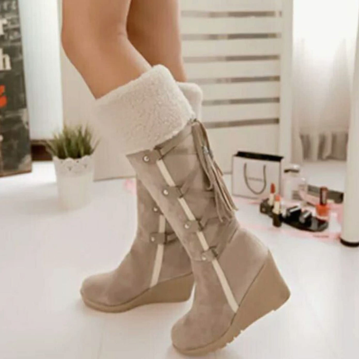 Women's Faux Fur Cuff Wedge Knee High Boots | Layla_2