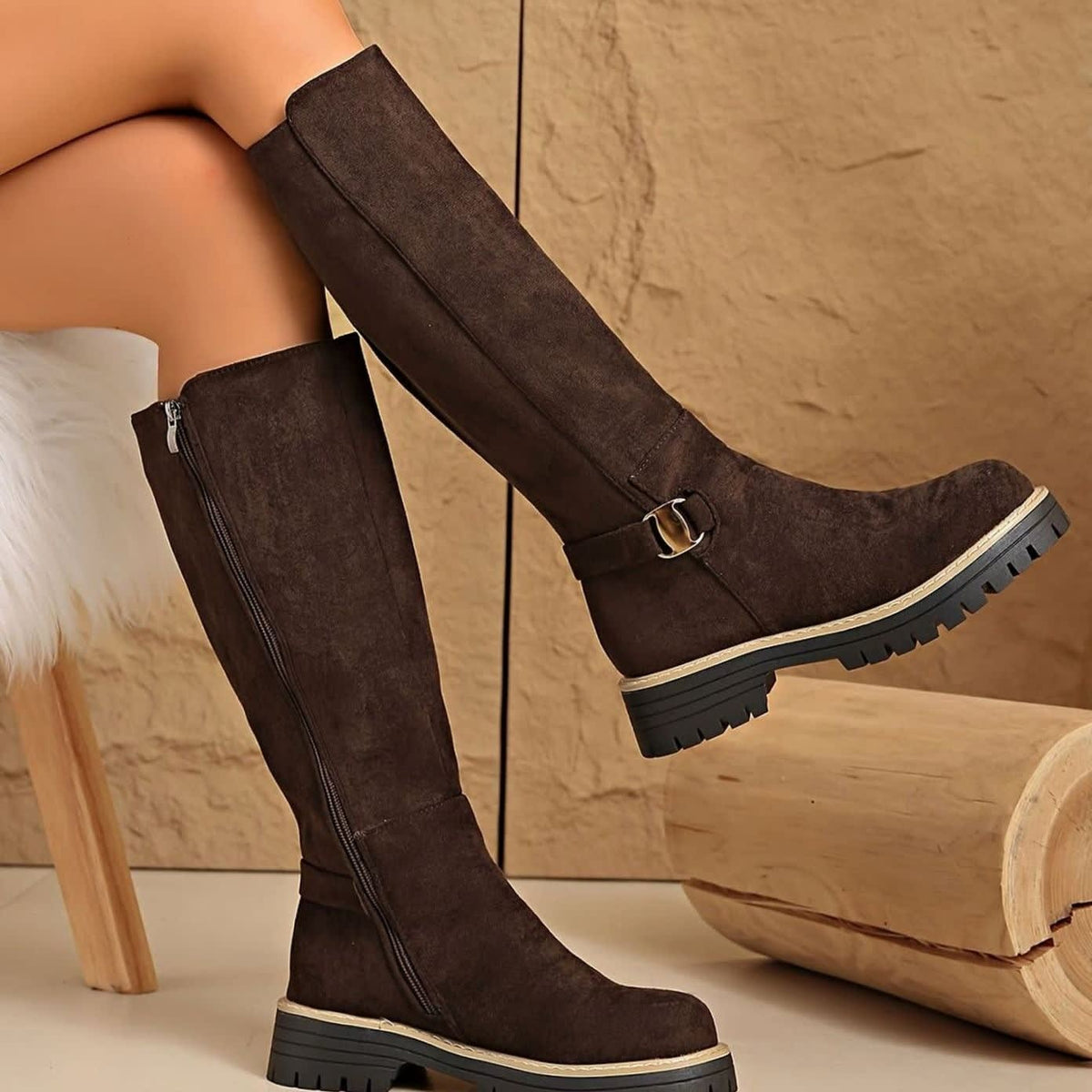 Women's Faux Suede Chunky Sole Knee High Boots | Kirsty_10