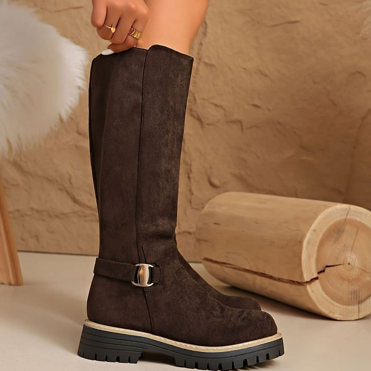 Women's Faux Suede Chunky Sole Knee High Boots | Kirsty_12