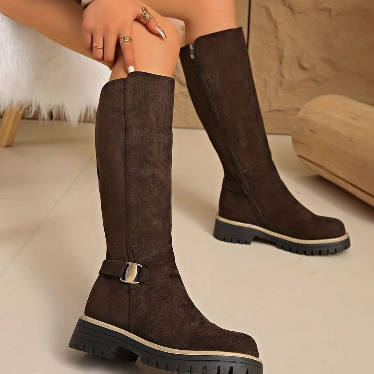 Women's Faux Suede Chunky Sole Knee High Boots | Kirsty_5