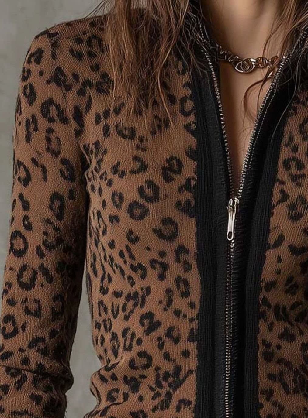 Women's Leopard Print Zip Up Knit Cardigan | Olive_3