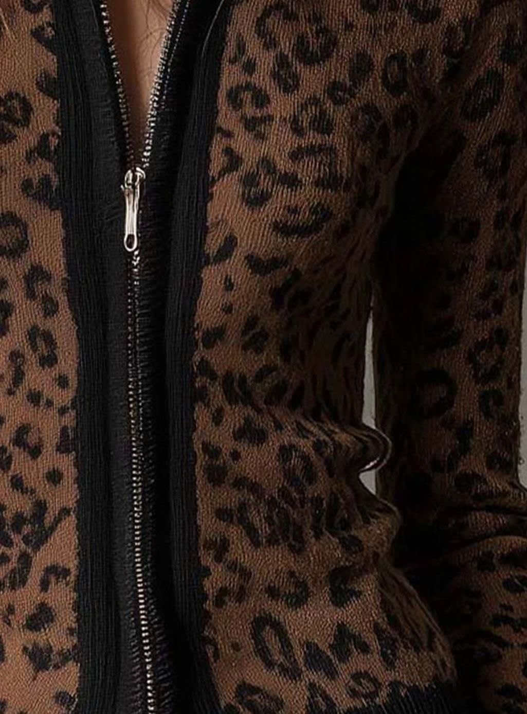 Women's Leopard Print Zip Up Knit Cardigan | Olive_4