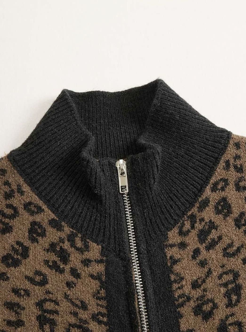 Women's Leopard Print Zip Up Knit Cardigan | Olive_7