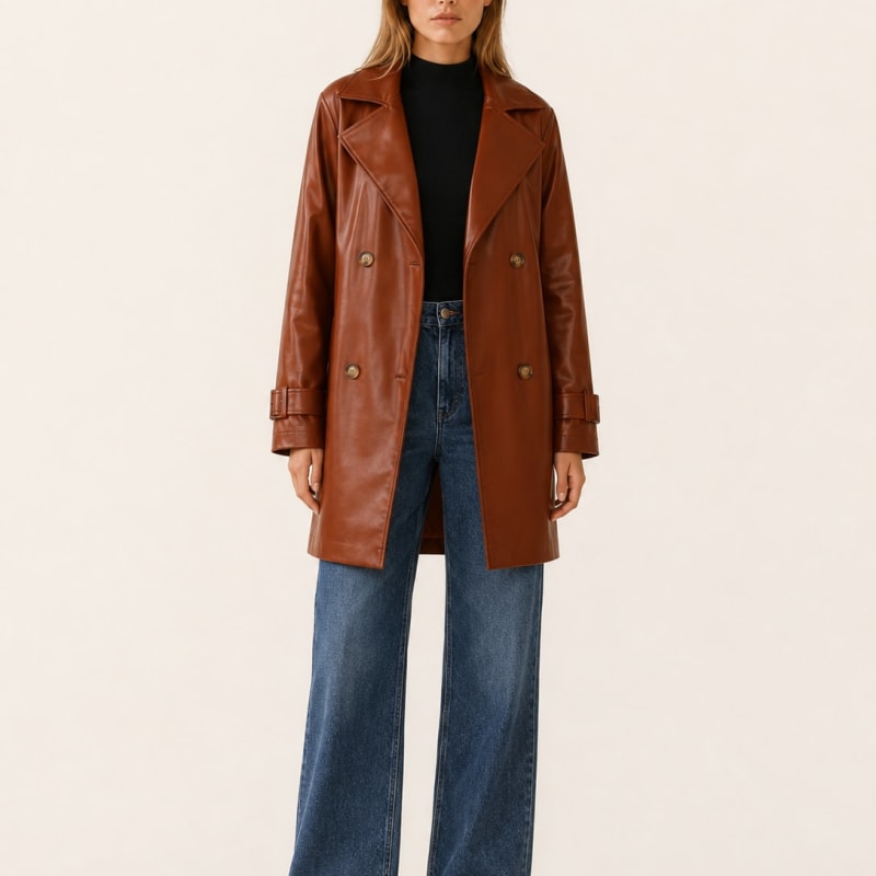 Women's Faux Leather Trench Jacket with Double-Breasted Front | Rachel Lawson_1