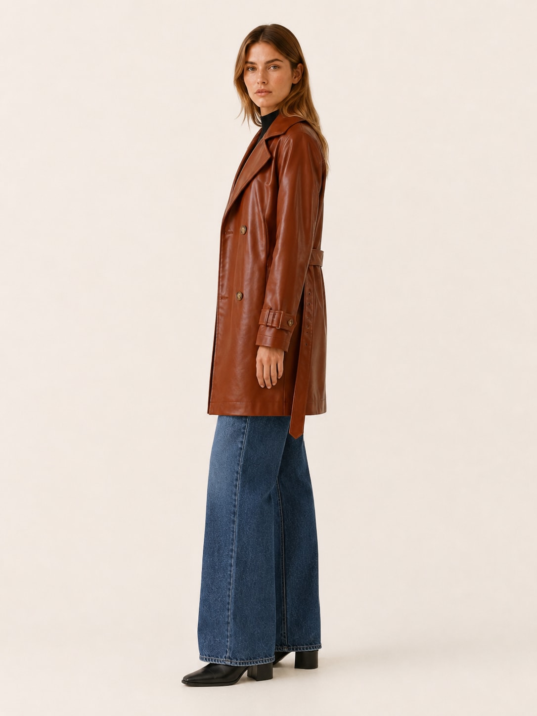 Women's Faux Leather Trench Jacket with Double-Breasted Front | Rachel Lawson_3