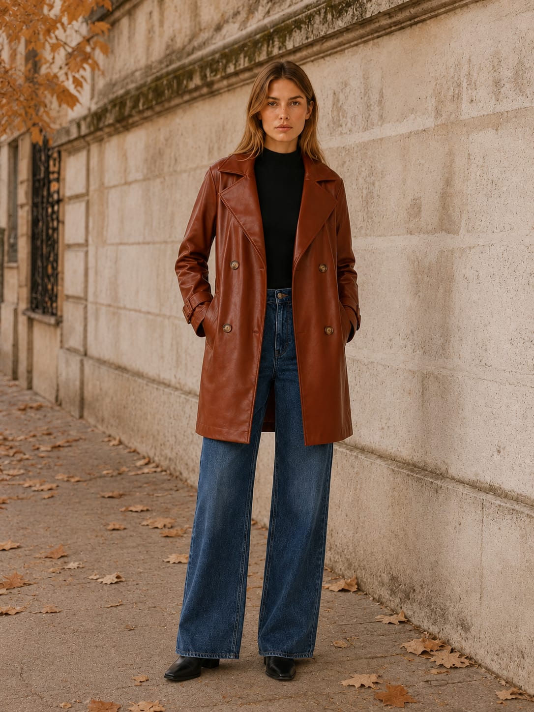 Women's Faux Leather Trench Jacket with Double-Breasted Front | Rachel Lawson_5