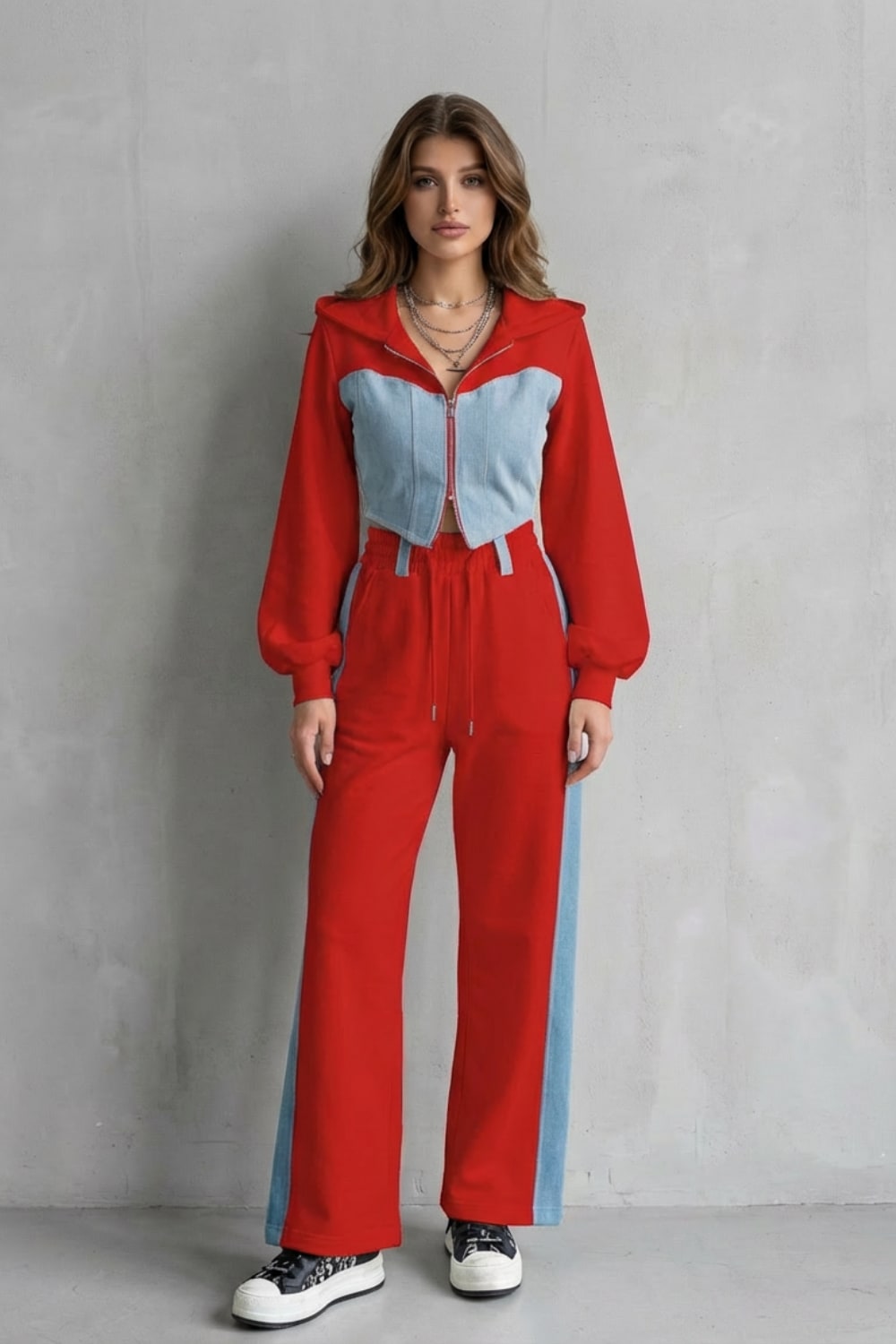 Women's Denim Panel Hoodie and Jogger Set | Fran_10