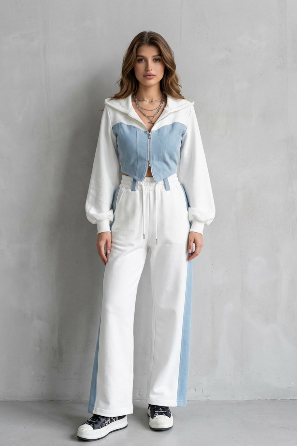 Women's Denim Panel Hoodie and Jogger Set | Fran_2