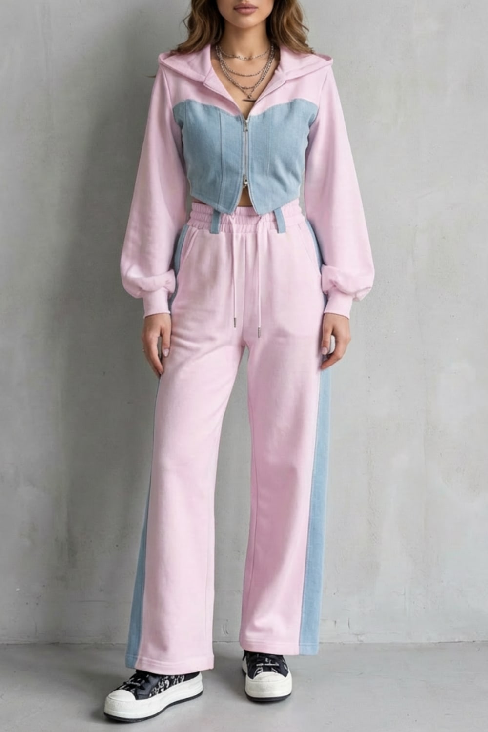 Women's Denim Panel Hoodie and Jogger Set | Fran_5