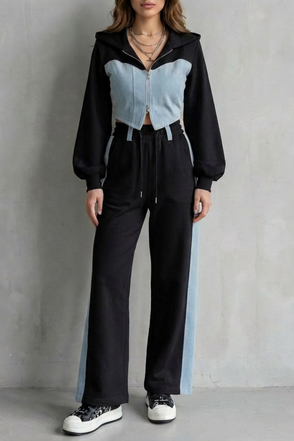 Women's Denim Panel Hoodie and Jogger Set | Fran_7