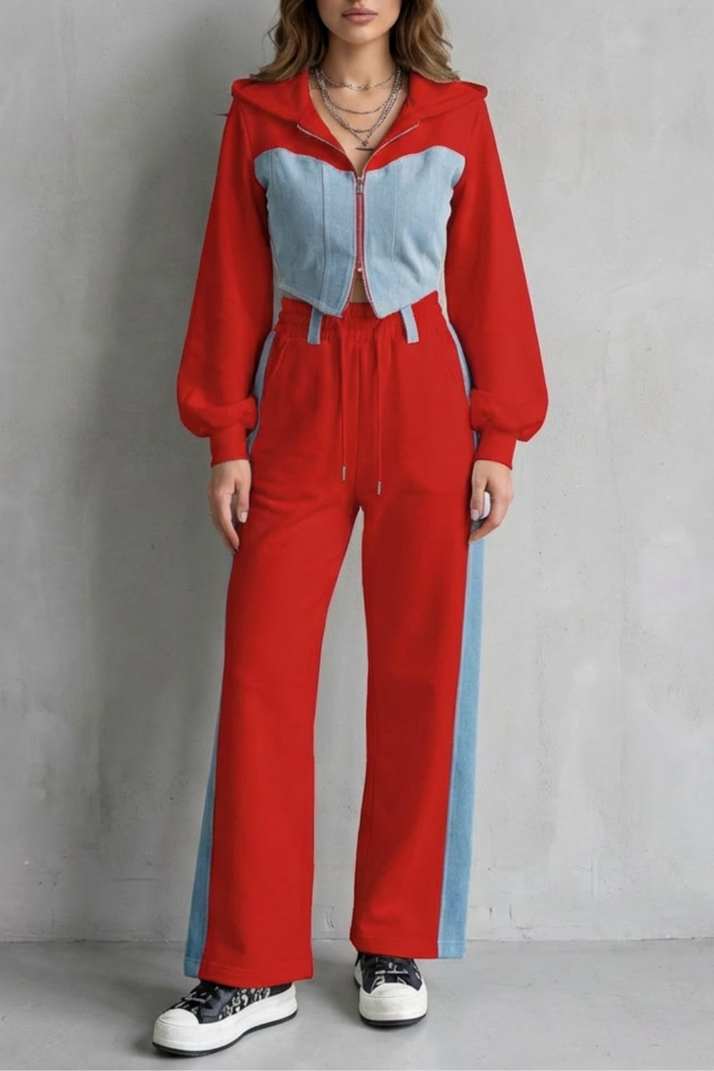 Women's Denim Panel Hoodie and Jogger Set | Fran_9