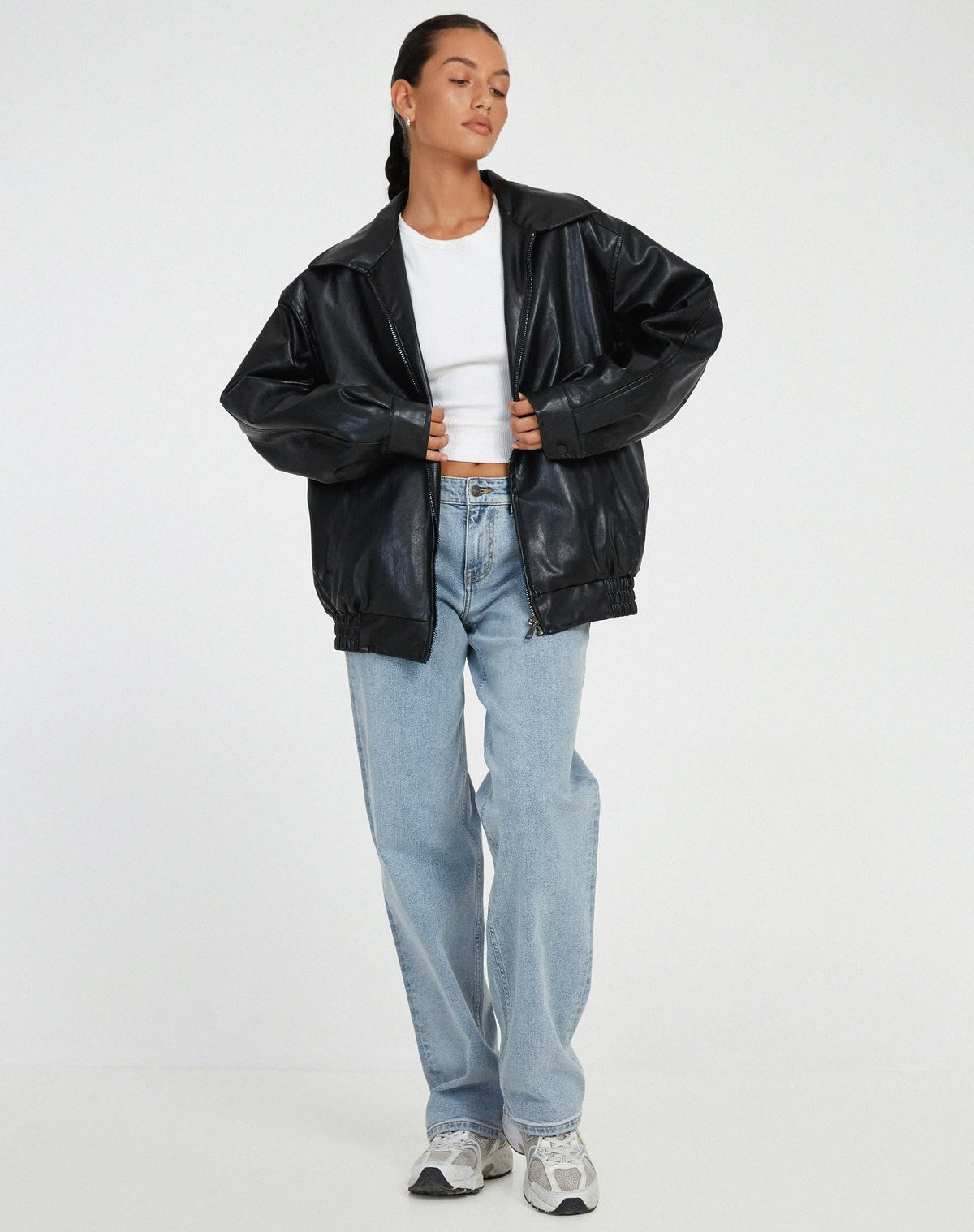 Women's Faux Leather Oversized Bomber Jacket | Alicia_5