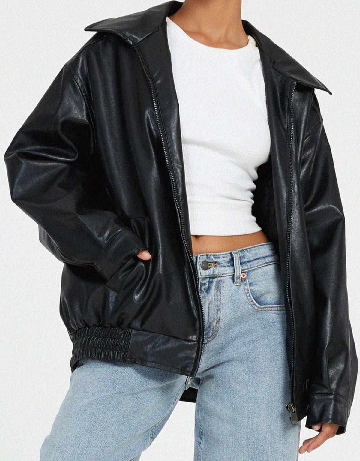 Women's Faux Leather Oversized Bomber Jacket | Alicia_7