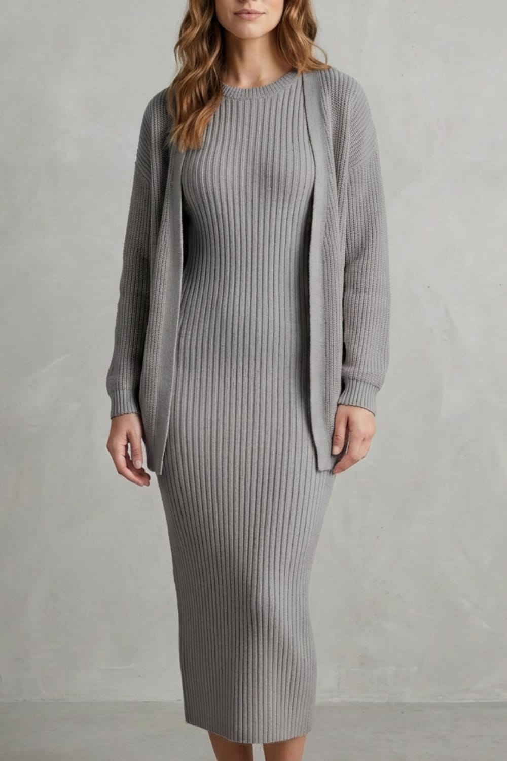 Women's Ribbed Knit Midi Dress and Cardigan Set | Gabriella_11
