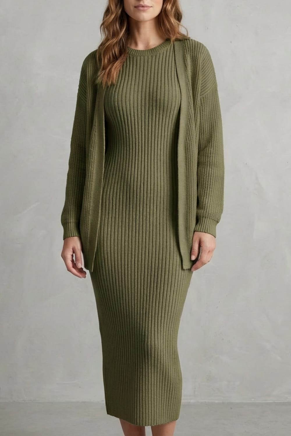 Women's Ribbed Knit Midi Dress and Cardigan Set | Gabriella_15