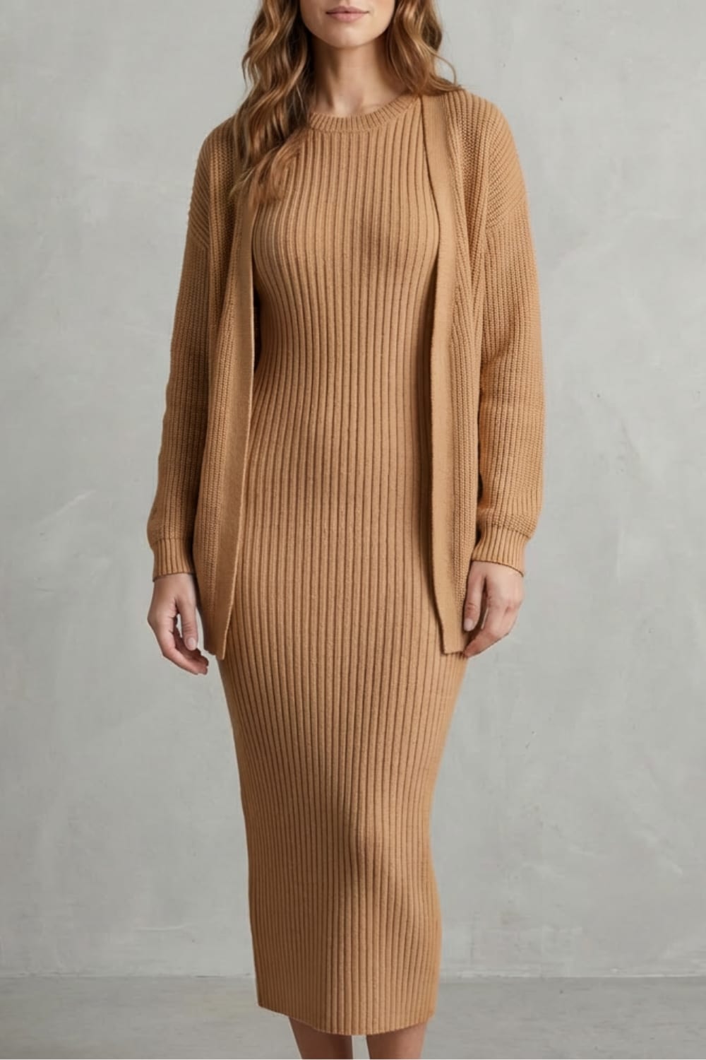 Women's Ribbed Knit Midi Dress and Cardigan Set | Gabriella_17