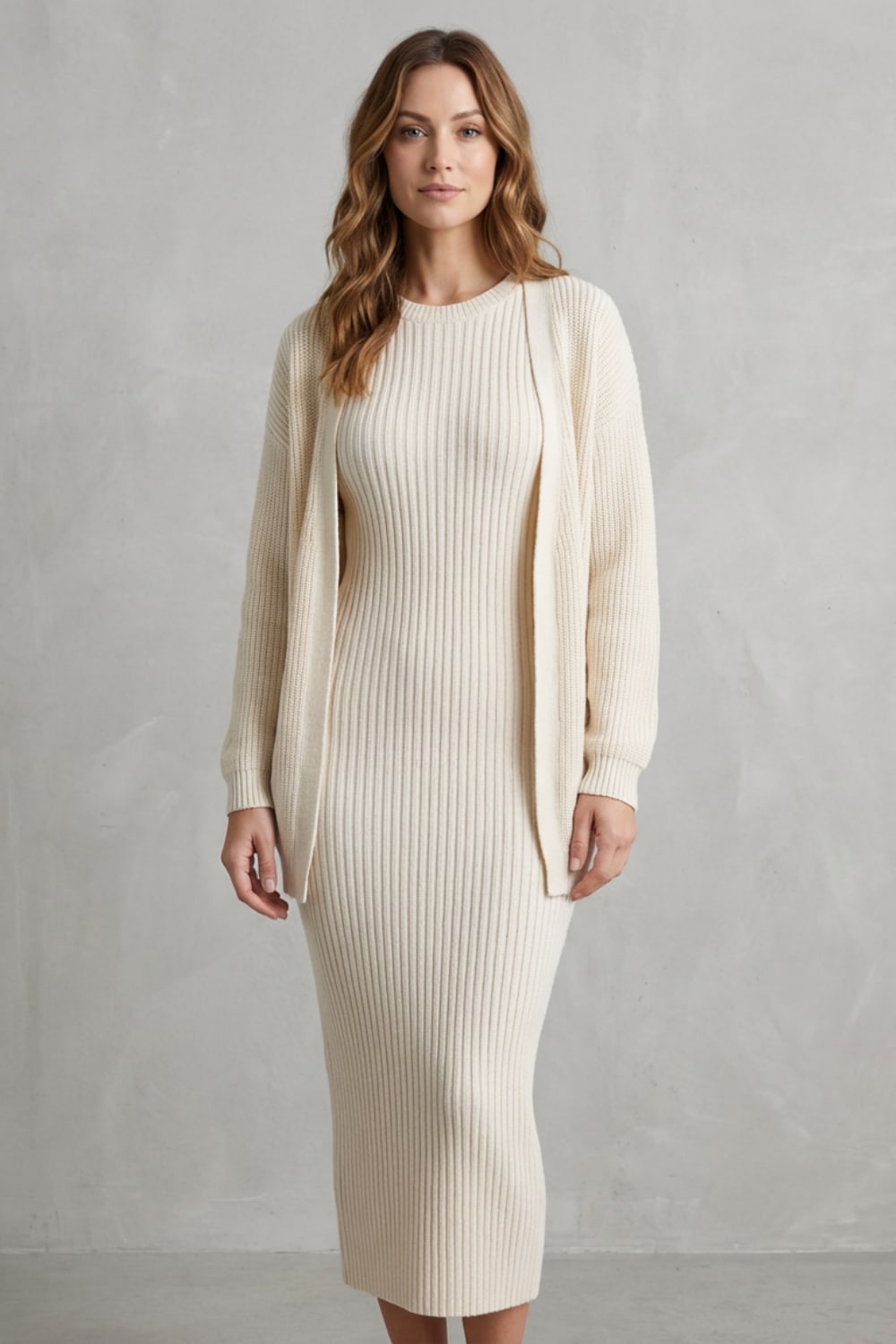 Women's Ribbed Knit Midi Dress and Cardigan Set | Gabriella_2