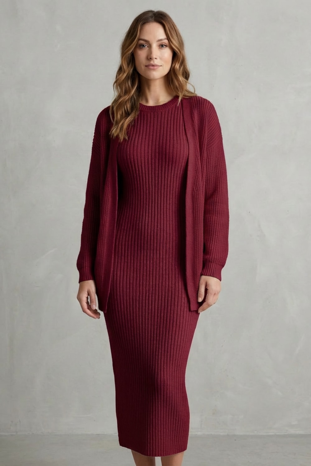 Women's Ribbed Knit Midi Dress and Cardigan Set | Gabriella_20